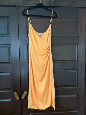 Satin Draped Midi Slip Dress in Peach-Orange